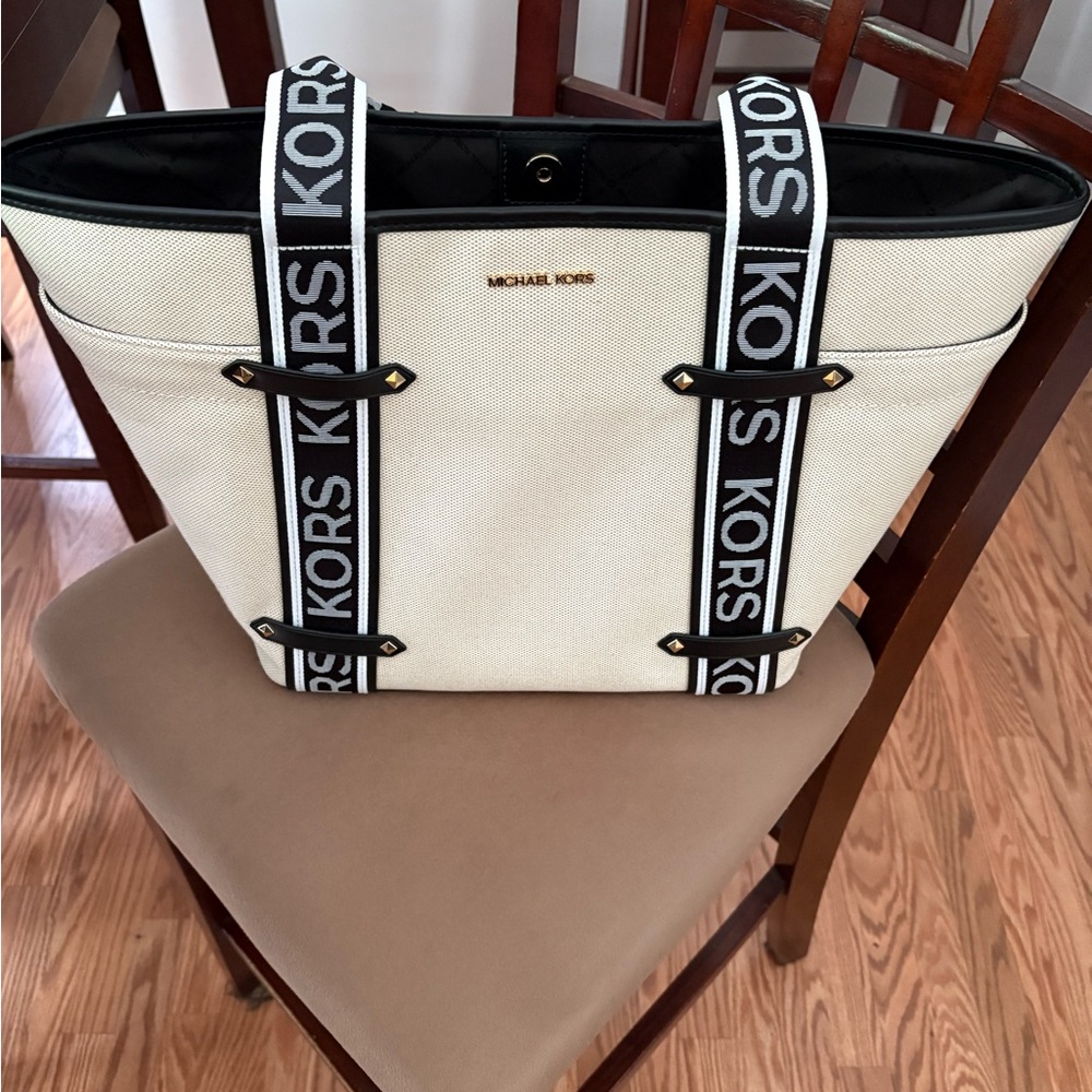 Michael Kors Maeve Ivory Tote with Black Straps